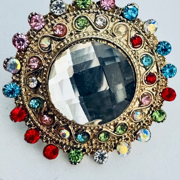 Gold Tone Round Pierced Earrings Multi-coloured Glass Stones - Picture 3 of 5